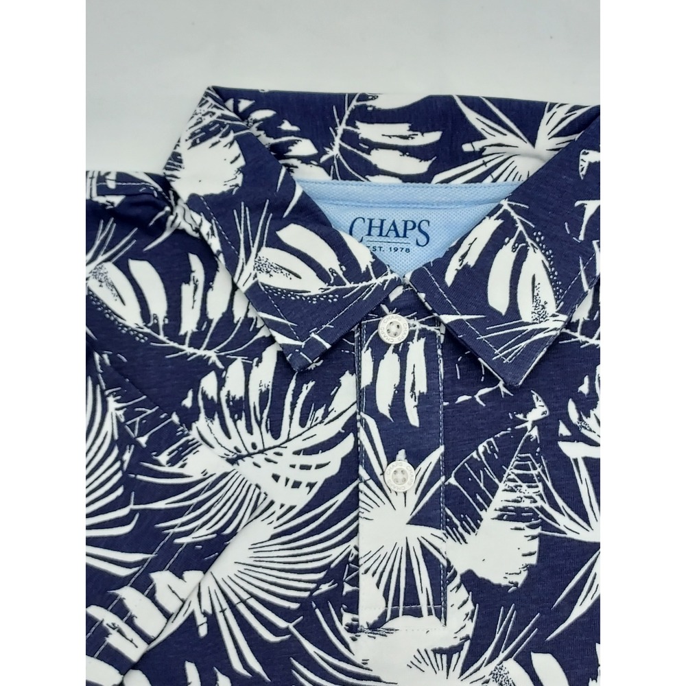 Chaps Boys Size 8 Navy‎ Blue White Palm Leaf Print Short Sleeve Polo Shirt
